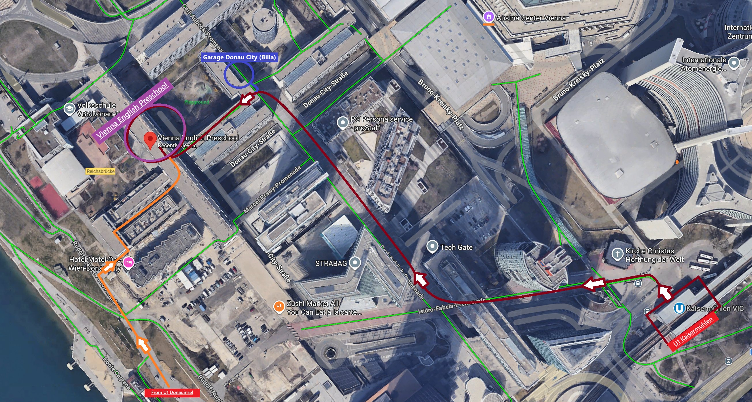 Annotated map showing walking route from U1 Kaisermühlen VIC station to VEP, and driving route via Garage Donau City (Billa)